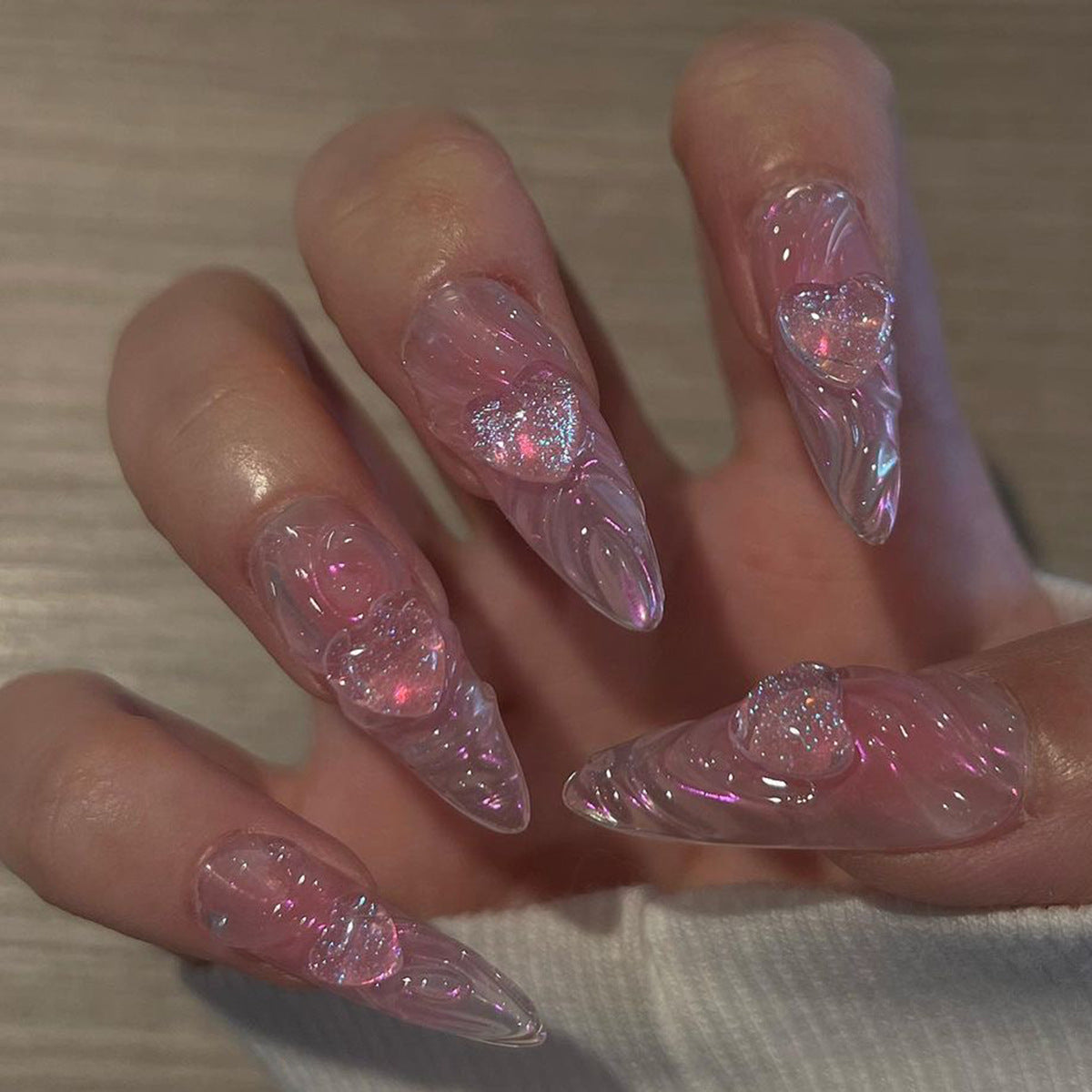 3D Water Ripple Aurora Heart-shaped Stiletto Press on Nails - NoirNail
