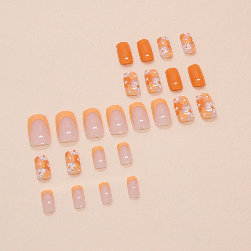 Orange Wildflowers Square 24PCS Free Size Press on Nails W1689