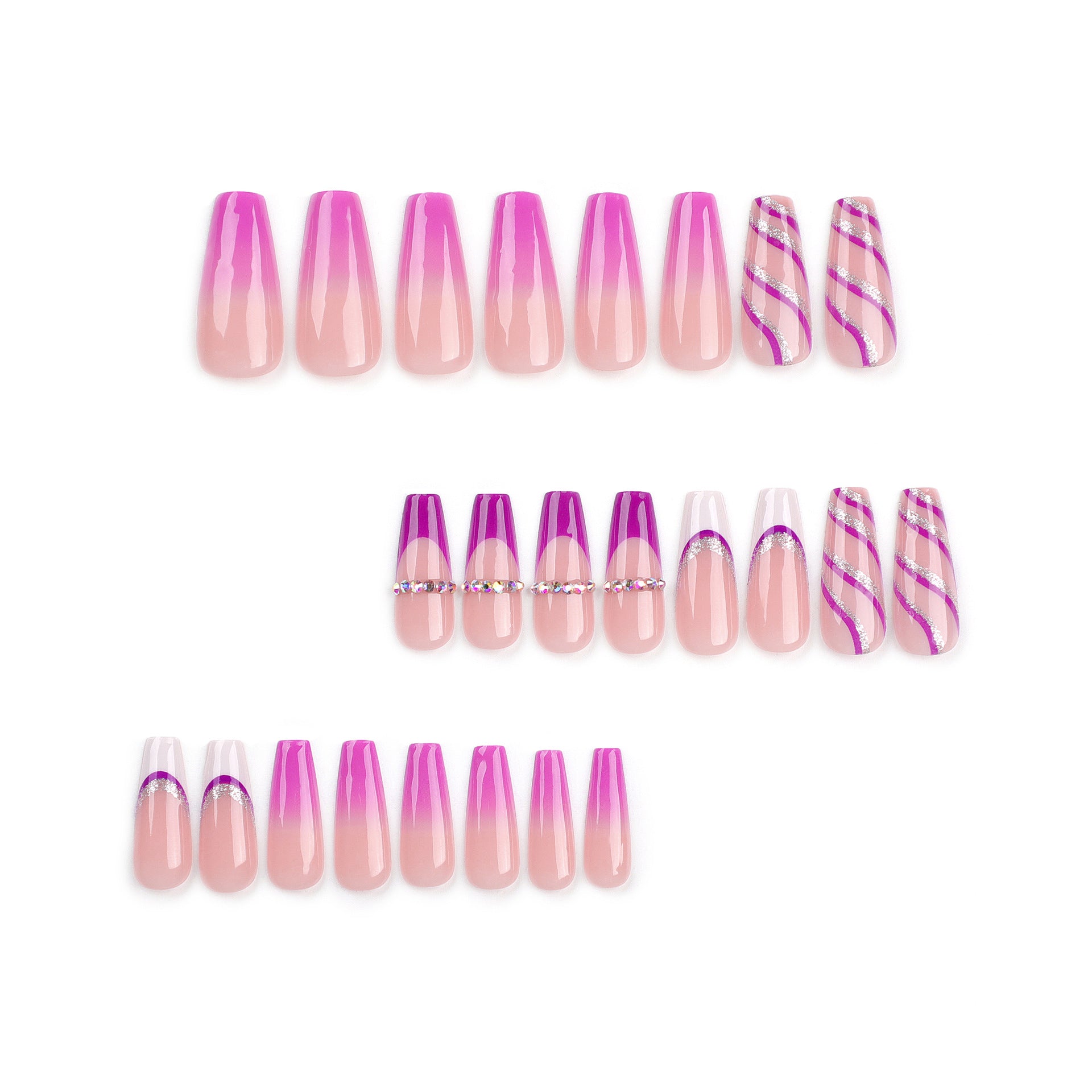 French Gradient Purple Glitter Stripes Duckbill Press On Nails - NoirNail