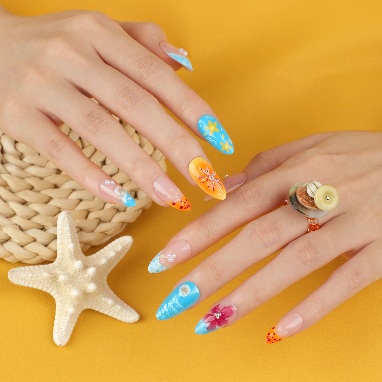 Tropical Flowers Almond 24PCS Free Size Press on Nails JP3900