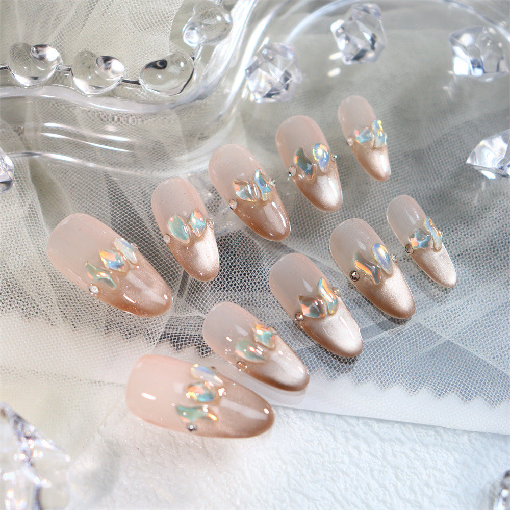 Crystal Slippers French Tip Handmade Almond Nails  A597