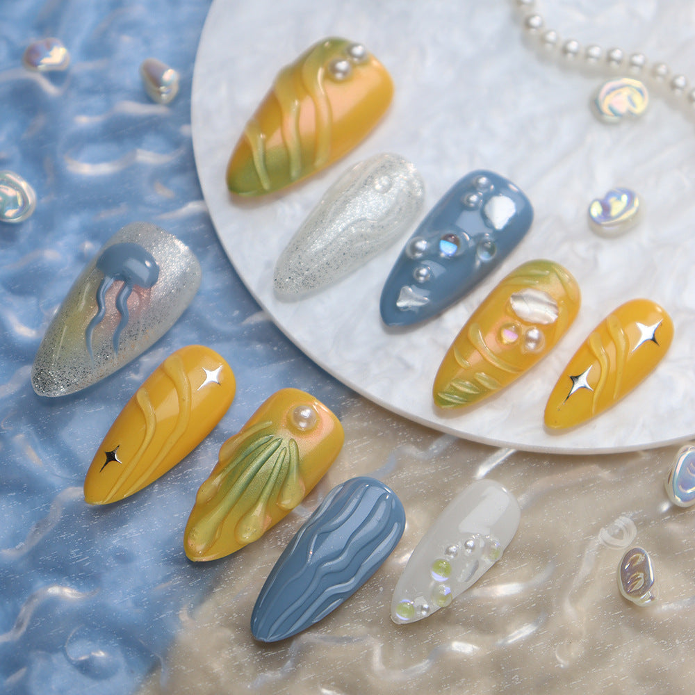 Pearl jellyfish Handmade Almond Press On Nails A806