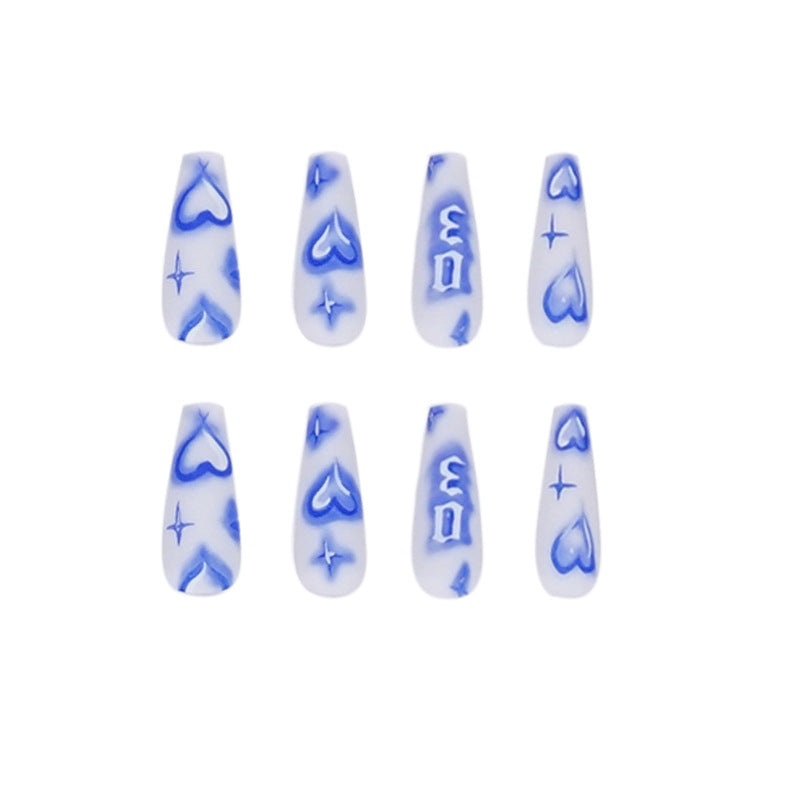 Denim Blue Heart Graffiti Coffin  24PCS Free Size Nails JP1145 - NoirNail