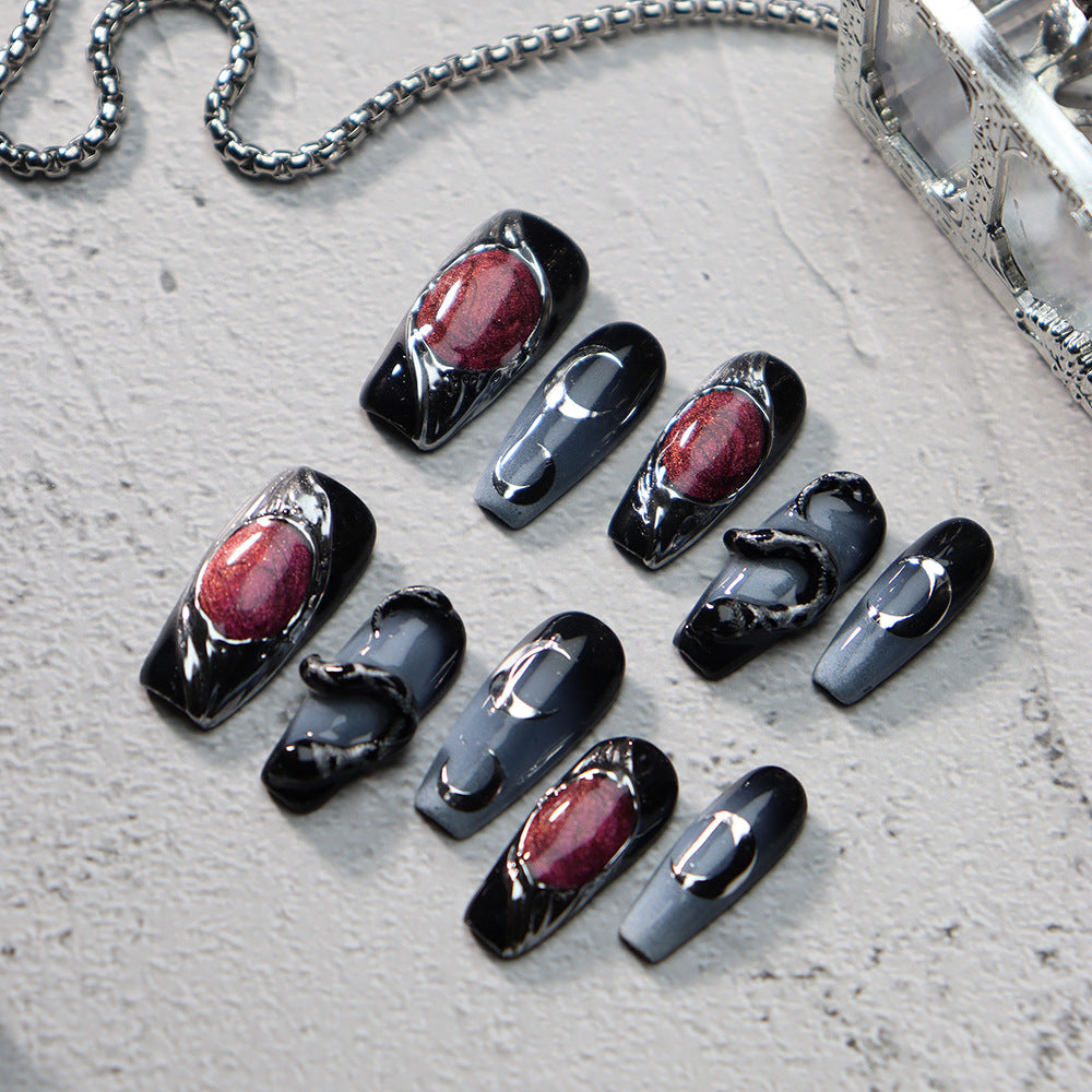 Crimson Punk Future Metal Y3K Handmade Coffin Press on Nails A684