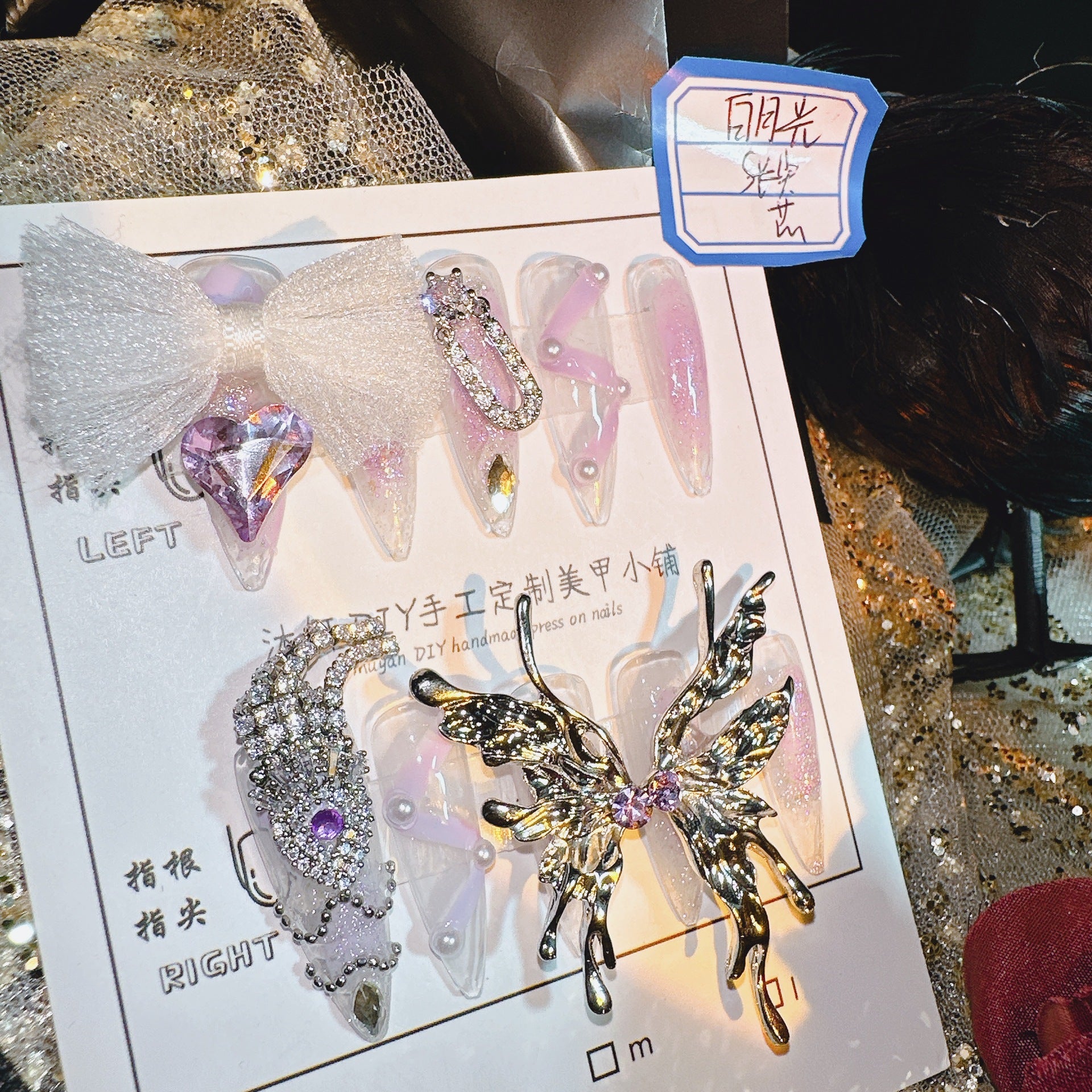 White Moonlight Butterfly Inlay 100% Handmade Pressons - NoirNail