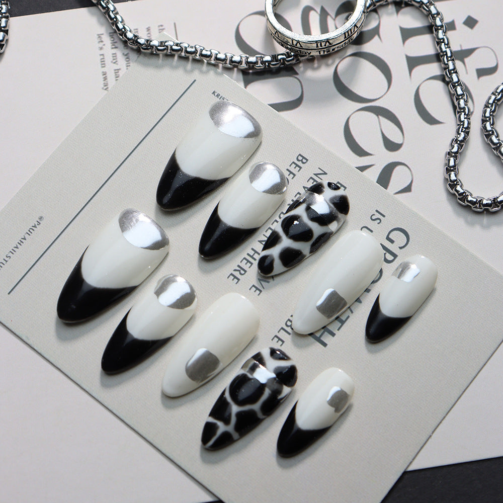 Miss Cow French Tip Handmade Almond  Nails  A600 - NoirNail