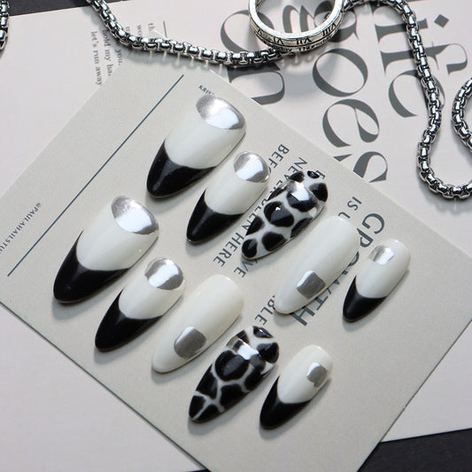 Miss Cow French Tip Handmade Almond  Nails  A600 - NoirNail