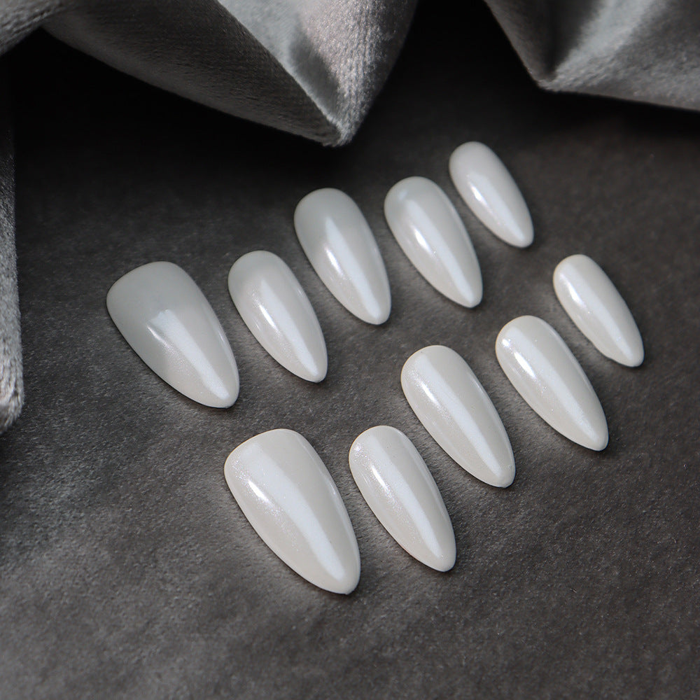 White Mother of Pearl Handmade Almond  Nails  A455 - NoirNail