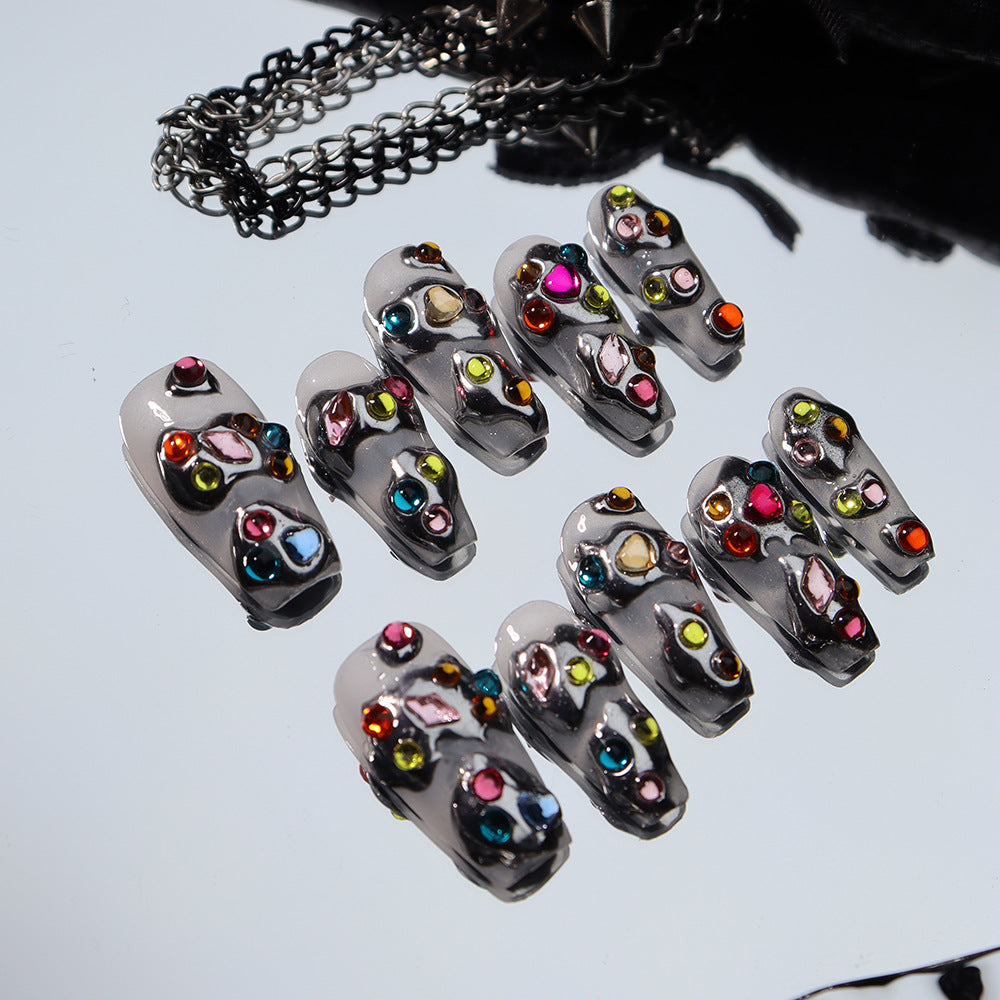 Punk Futuristic Colorful Gems Y3K Handmade Coffin Press on Nails A793
