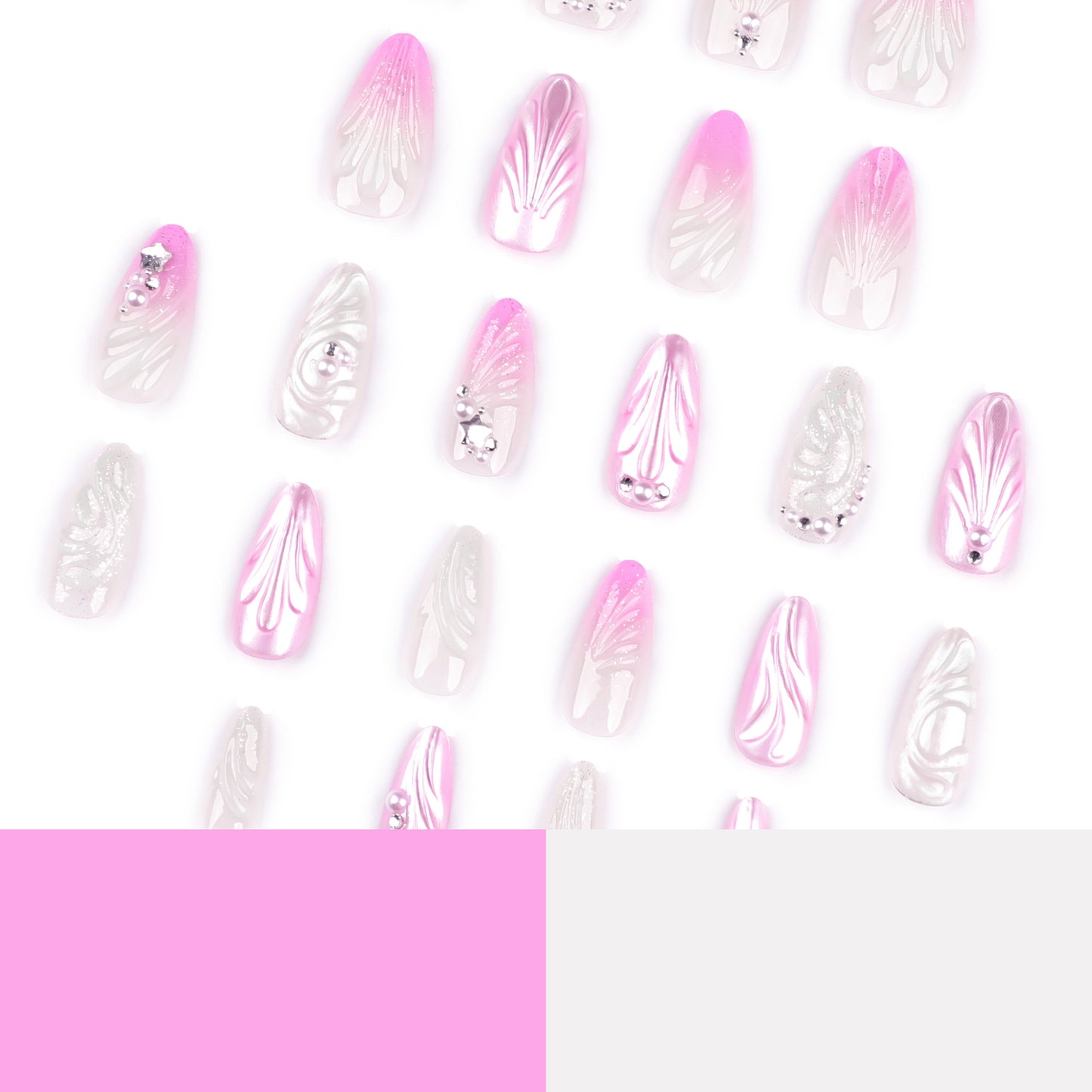 3D Pink Gradient Shells Almond 24PCS Free Size Press on Nails JP3680