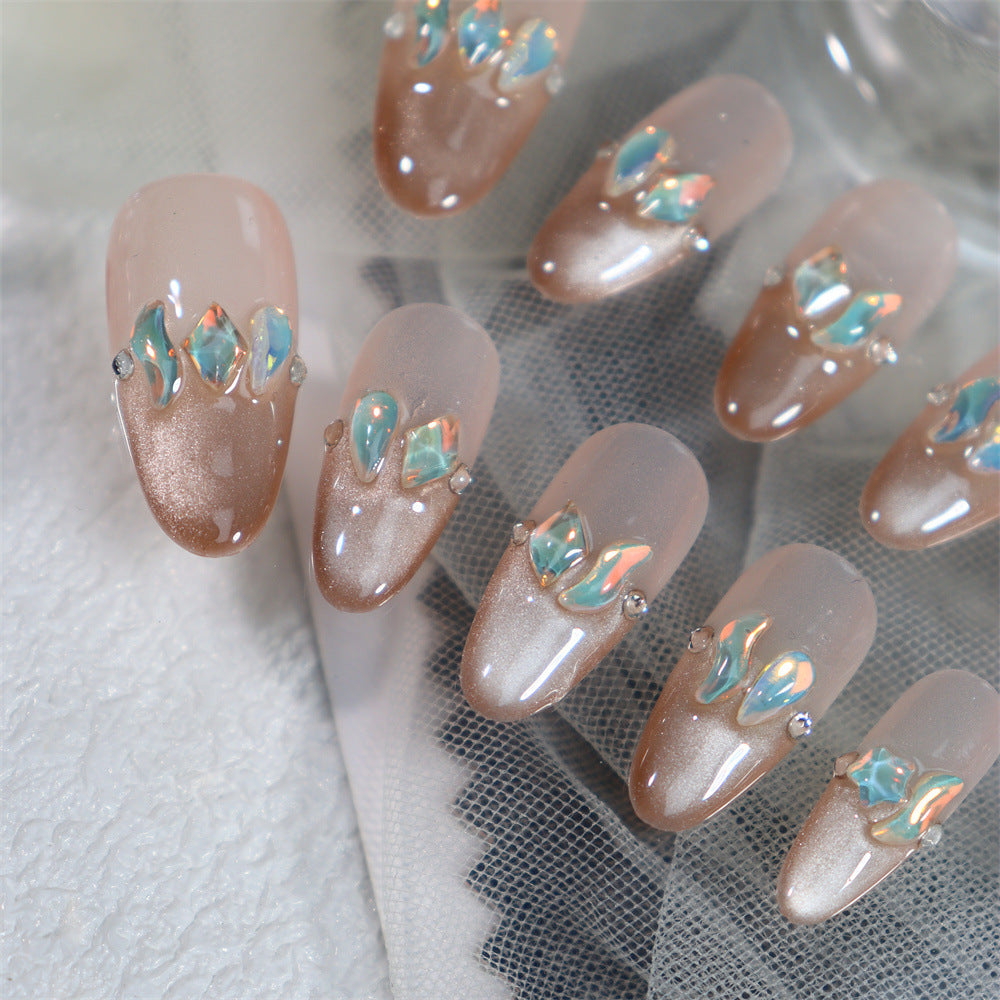 Crystal Slippers French Tip Handmade Almond Nails  A597