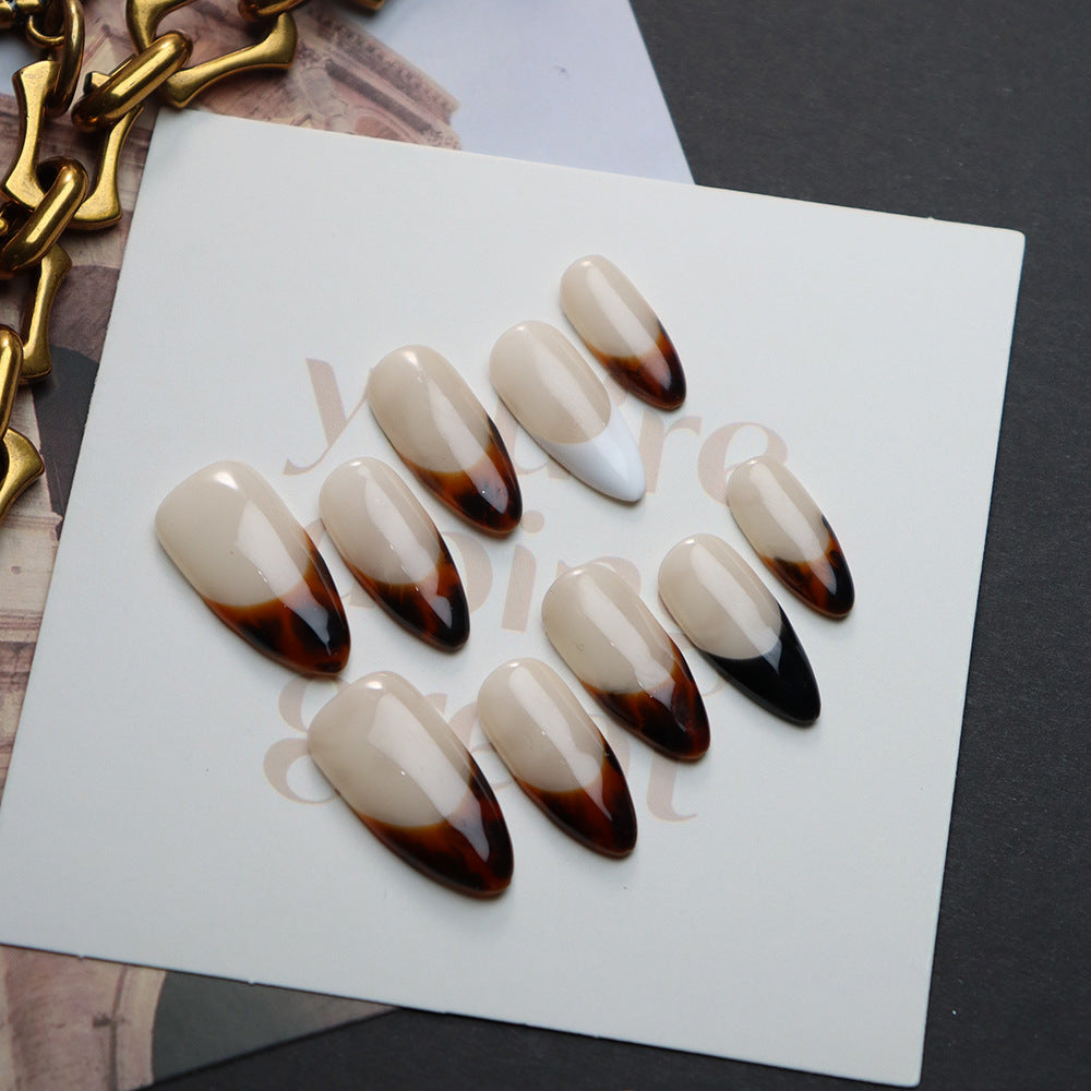 Leopard Classic French Tip Handmade Almond  Nails A840 - NoirNail