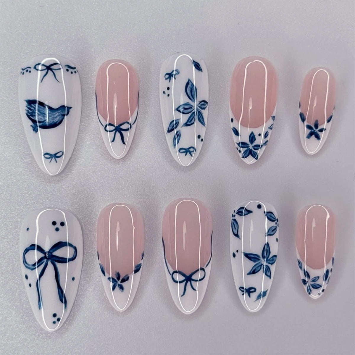Simple Blue Bow Almond 24PCS Free Size Press on Nails JP3738