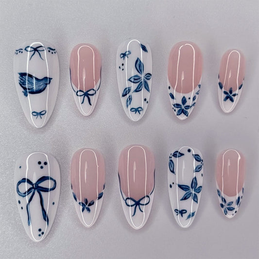 Simple Blue Bow Almond 24PCS Free Size Press on Nails JP3738