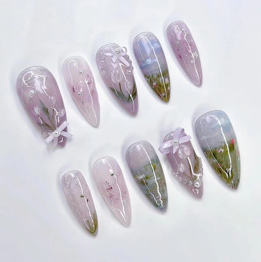 Sweet Impressionism Handmade Almond 24PCS Free Size Nails JP3398 - NoirNail