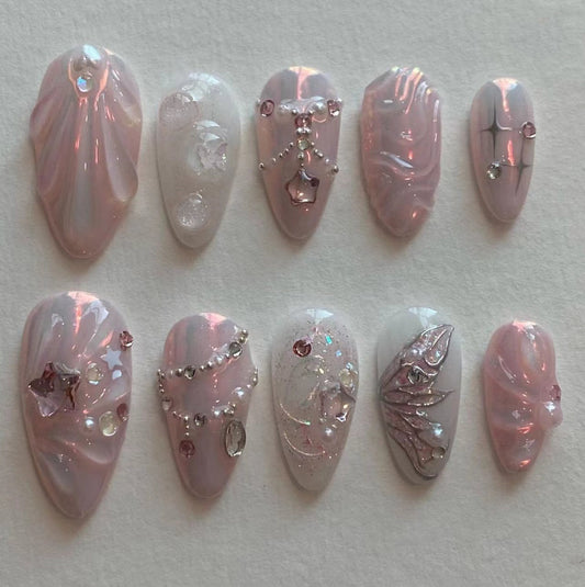 Pink 3D ocean shells Almond 24PCS Free Size Press on Nails JP3401