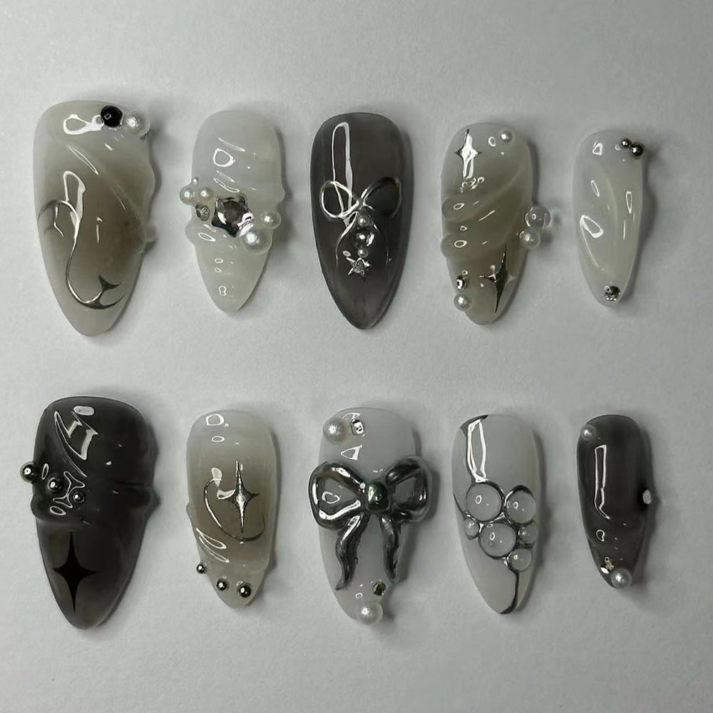 3D Metal Bow Y2K  Almond 24PCS Free Size Nails JP3399 - NoirNail