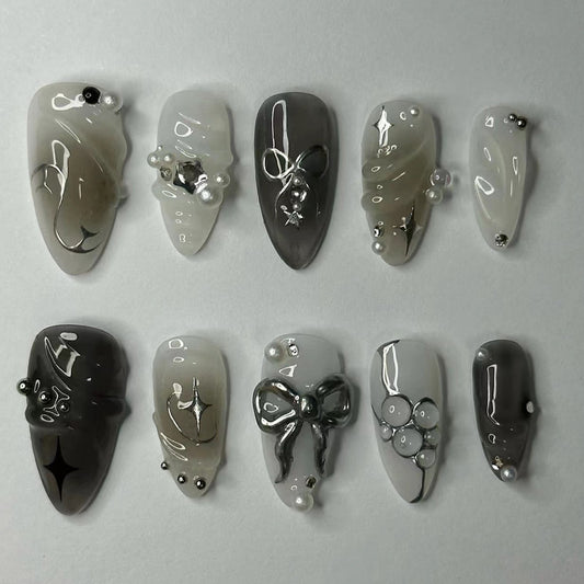 3D Metal Bow Y2K  Almond 24PCS Free Size Nails JP3399 - NoirNail