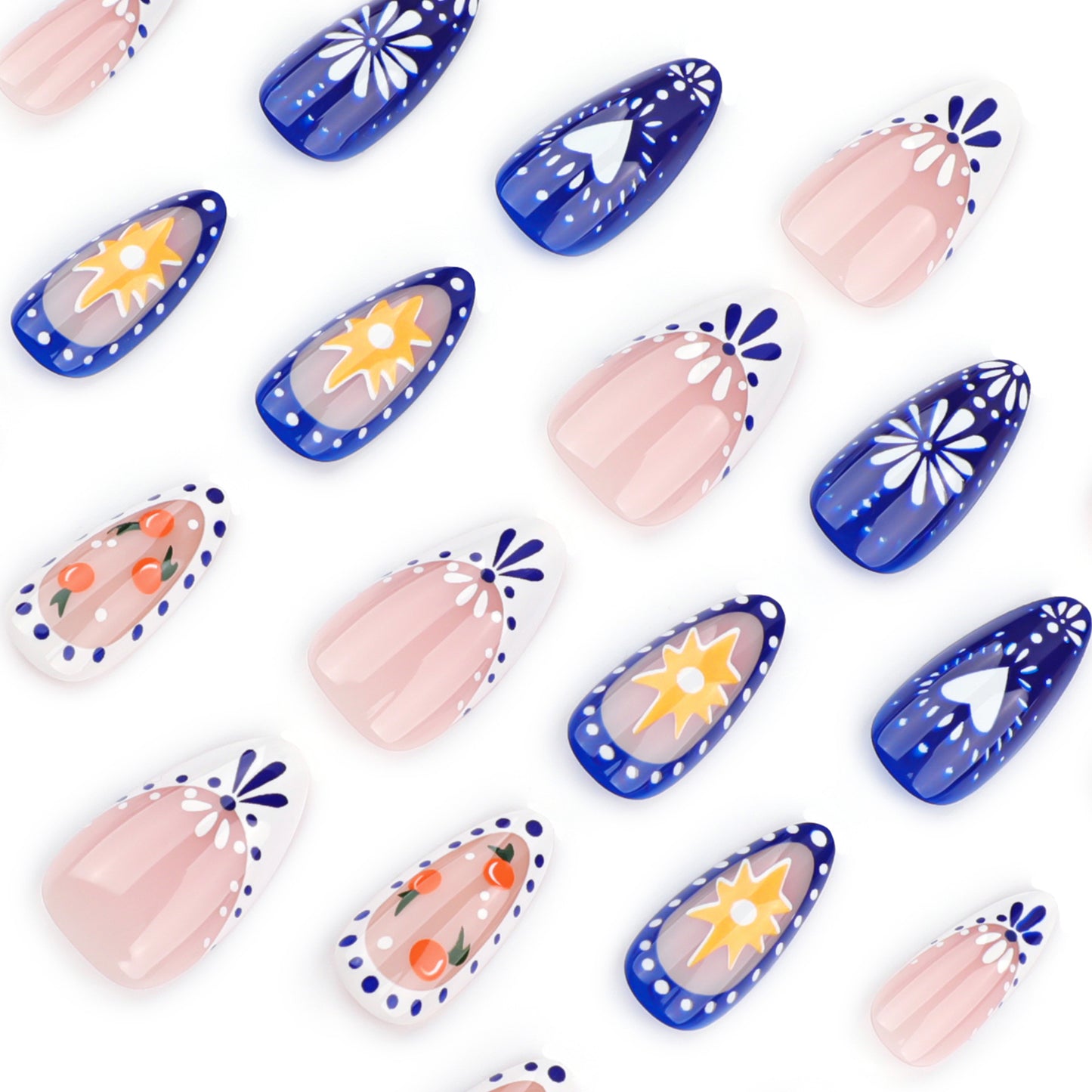 French Tip Mediterranean Pattern Almond 24PCS Free Size Press on Nails JP3580