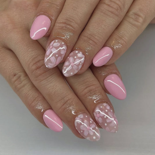 Pink Fresh Flowers Almond 24PCS Free Size Press on Nails JP3913