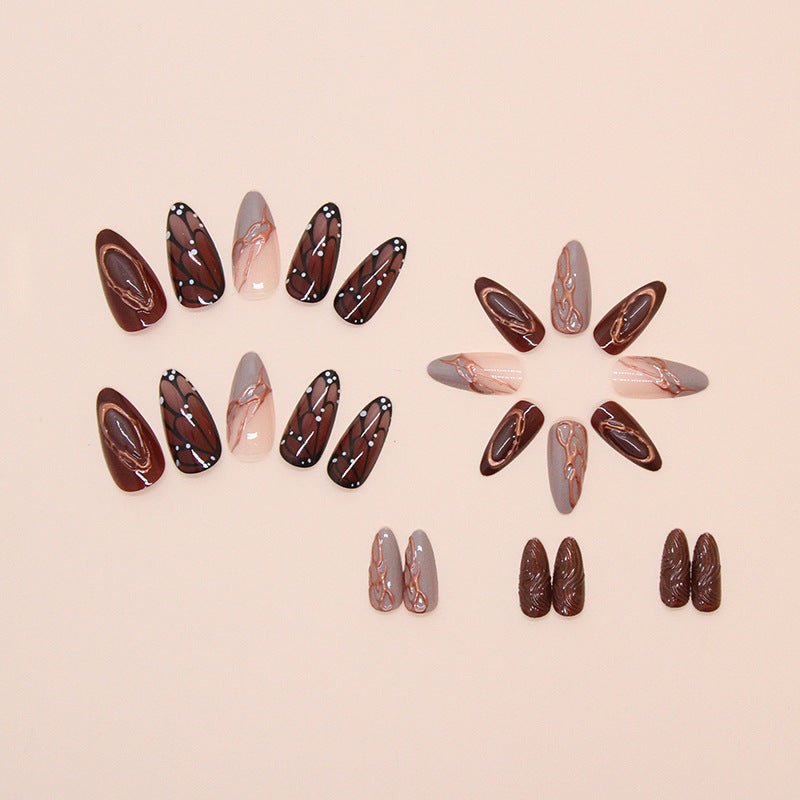 Finch Butterfly Almond 24PCS Free Size Press on Nails W1713