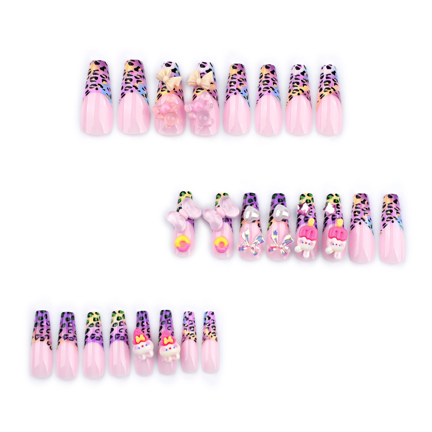 3D French Colorful Leopard Print Coffin 24PCS Free Size Press on Nails JP2797