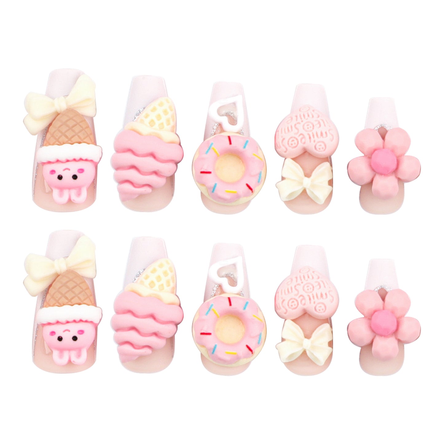 3D Pink Ice Cream Cone Coffin 24PCS Free Size Press on Nails JP2803