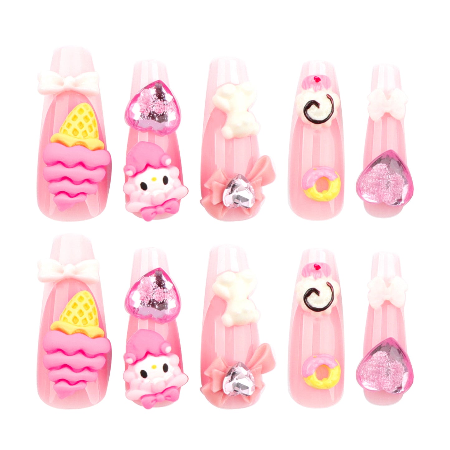 3D Ice Cream Cone Coffin 24PCS Free Size Press on Nails JP2800