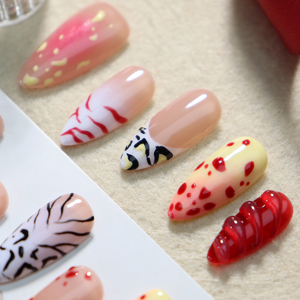 Crimson Zebra Print  French Tip Handmade Almond  Nails A918 - NoirNail