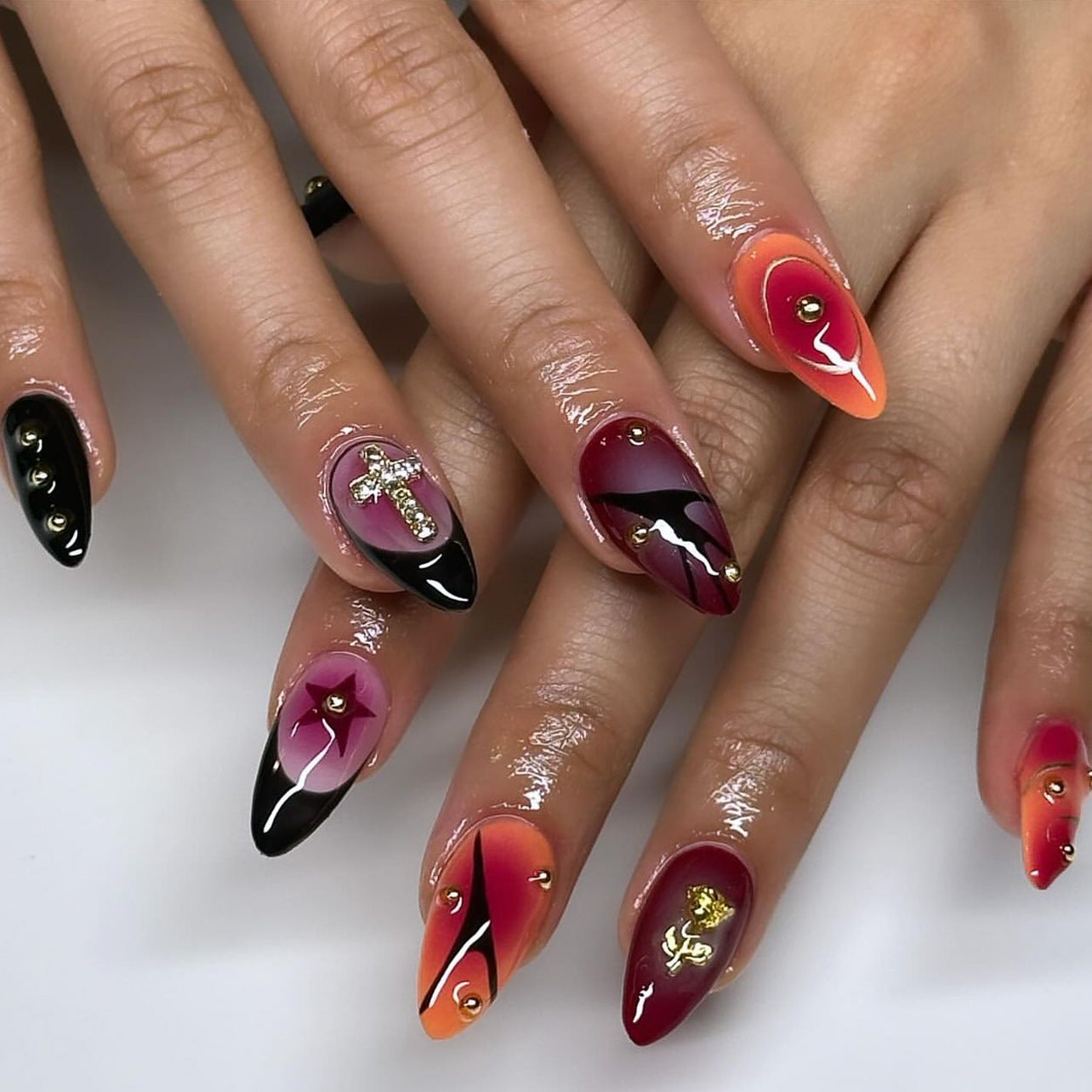 Y2K 3D Rose Almond 24PCS Free Size Press on Nails JP3563