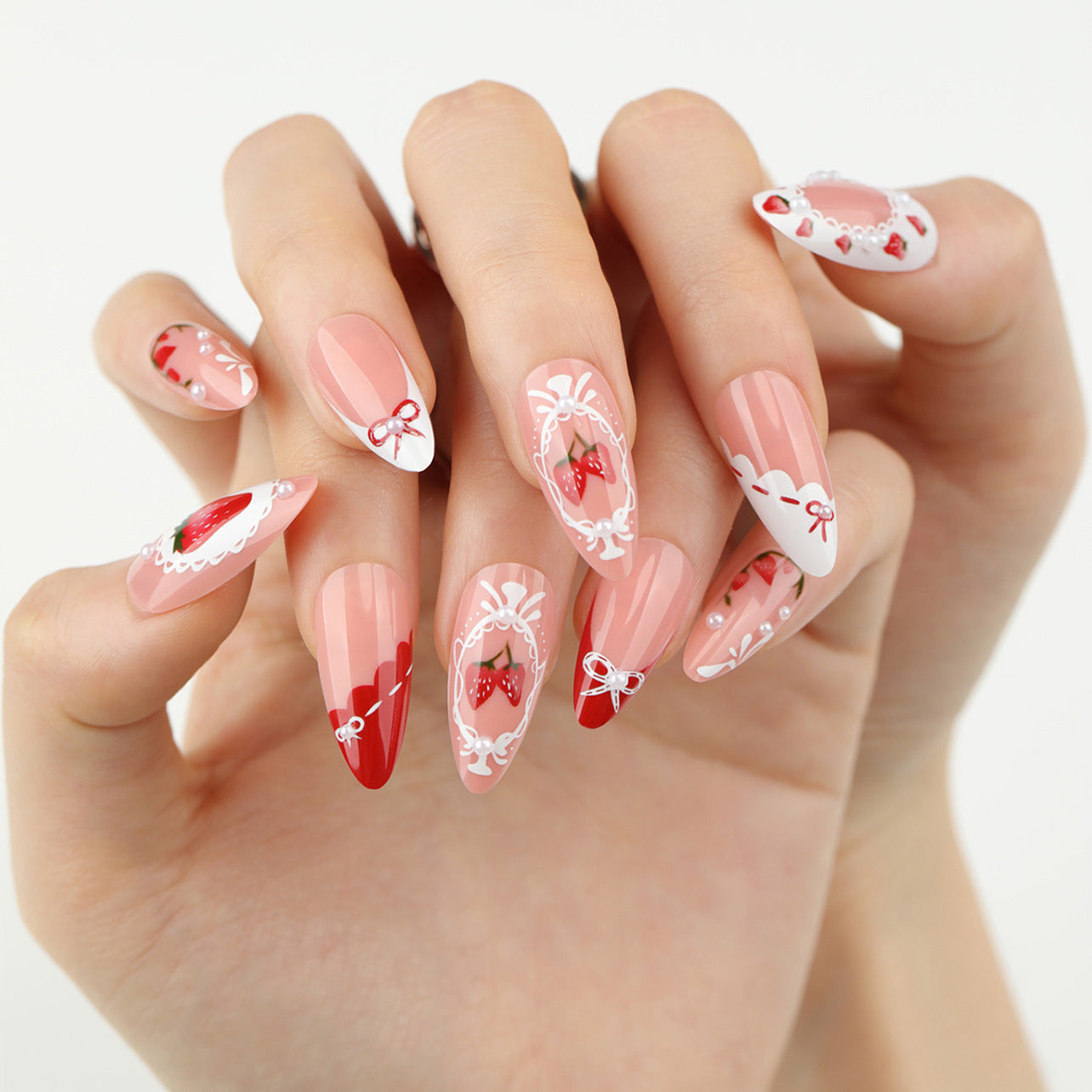 French Sweet Strawberry Almond 24PCS Free Size Press on Nails JP3740