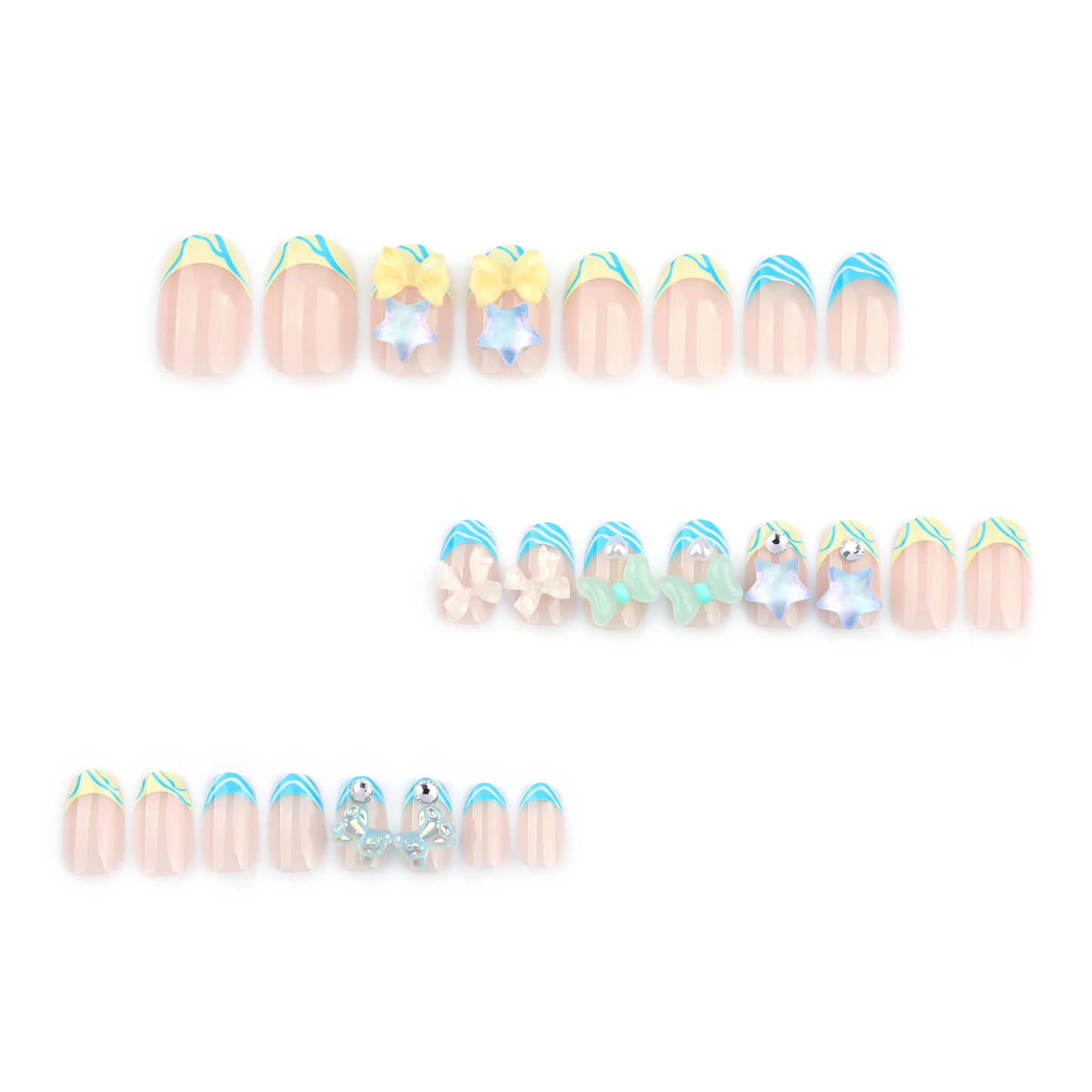 3D Blue and White Striped Bow Rounded 24PCS Free Size Press on Nails JP2798