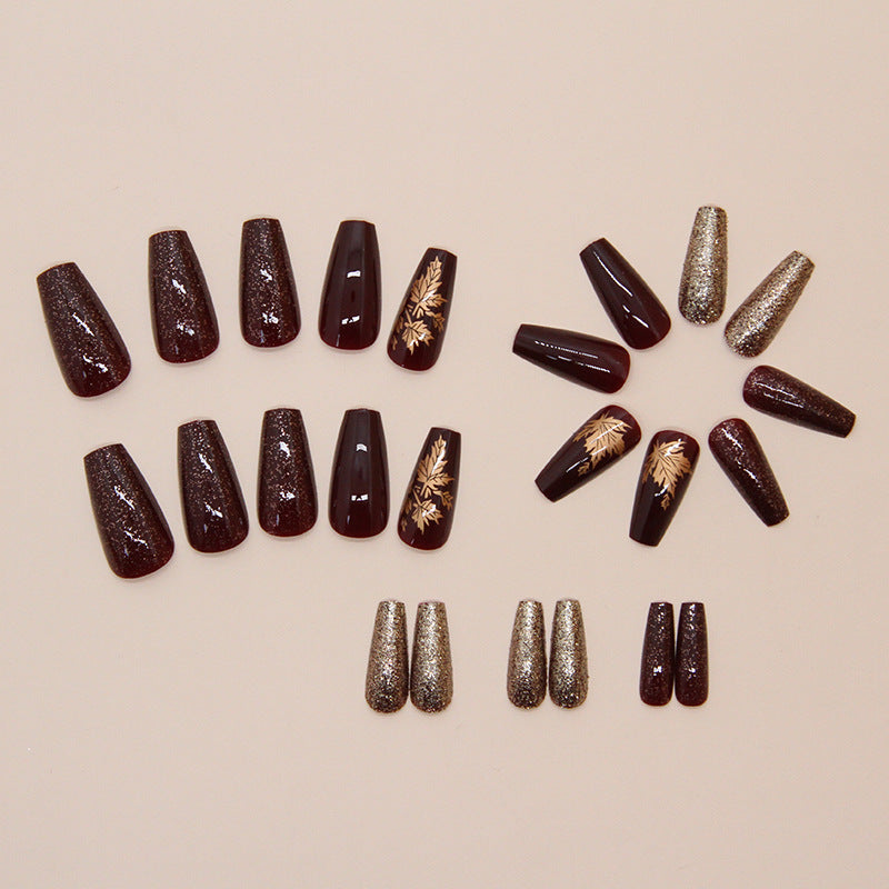 Amber Golden Maple Leaf Coffin 24PCS Free Size Press on Nails W1836