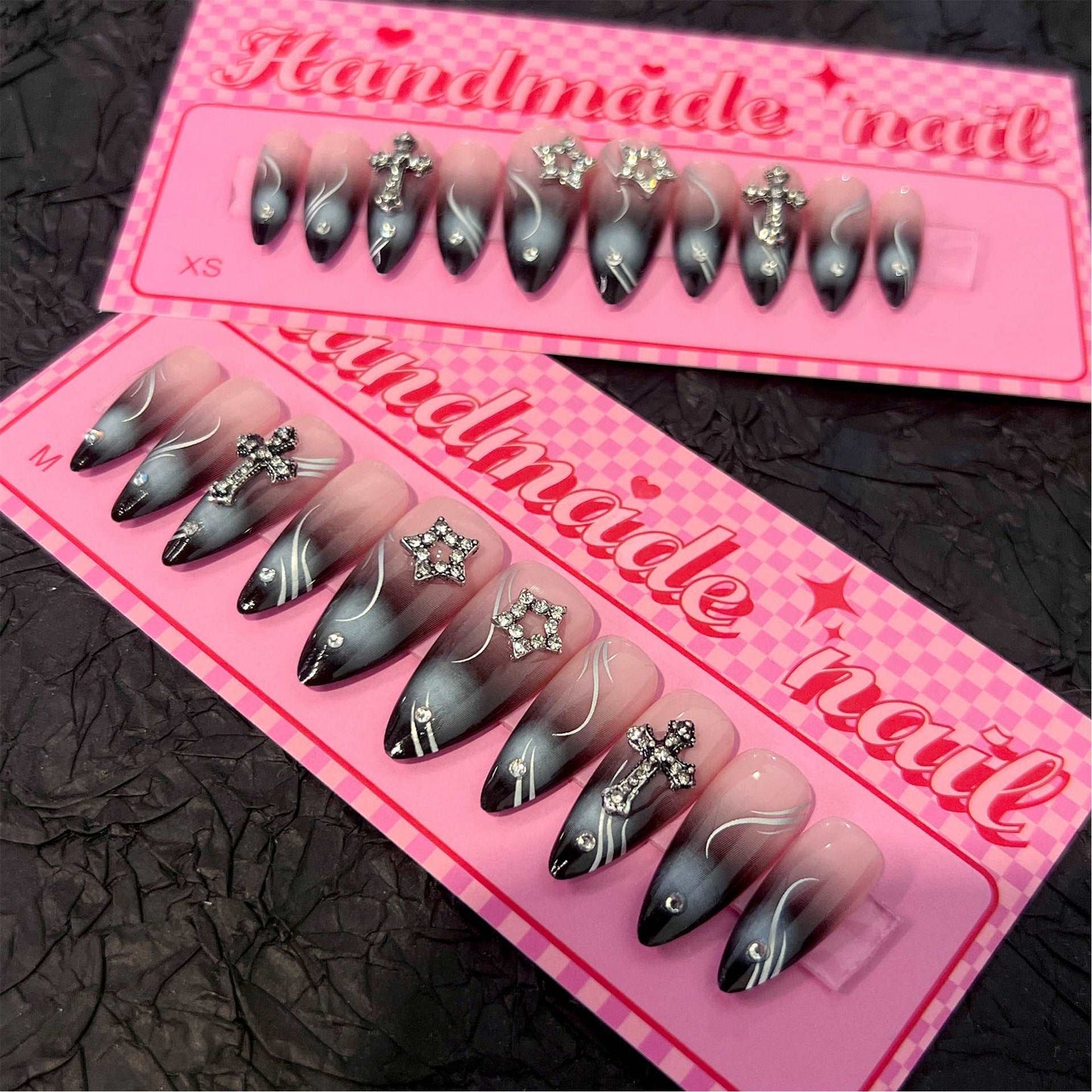 Black Star Rhinestones Handmade Almond  Nails SP173