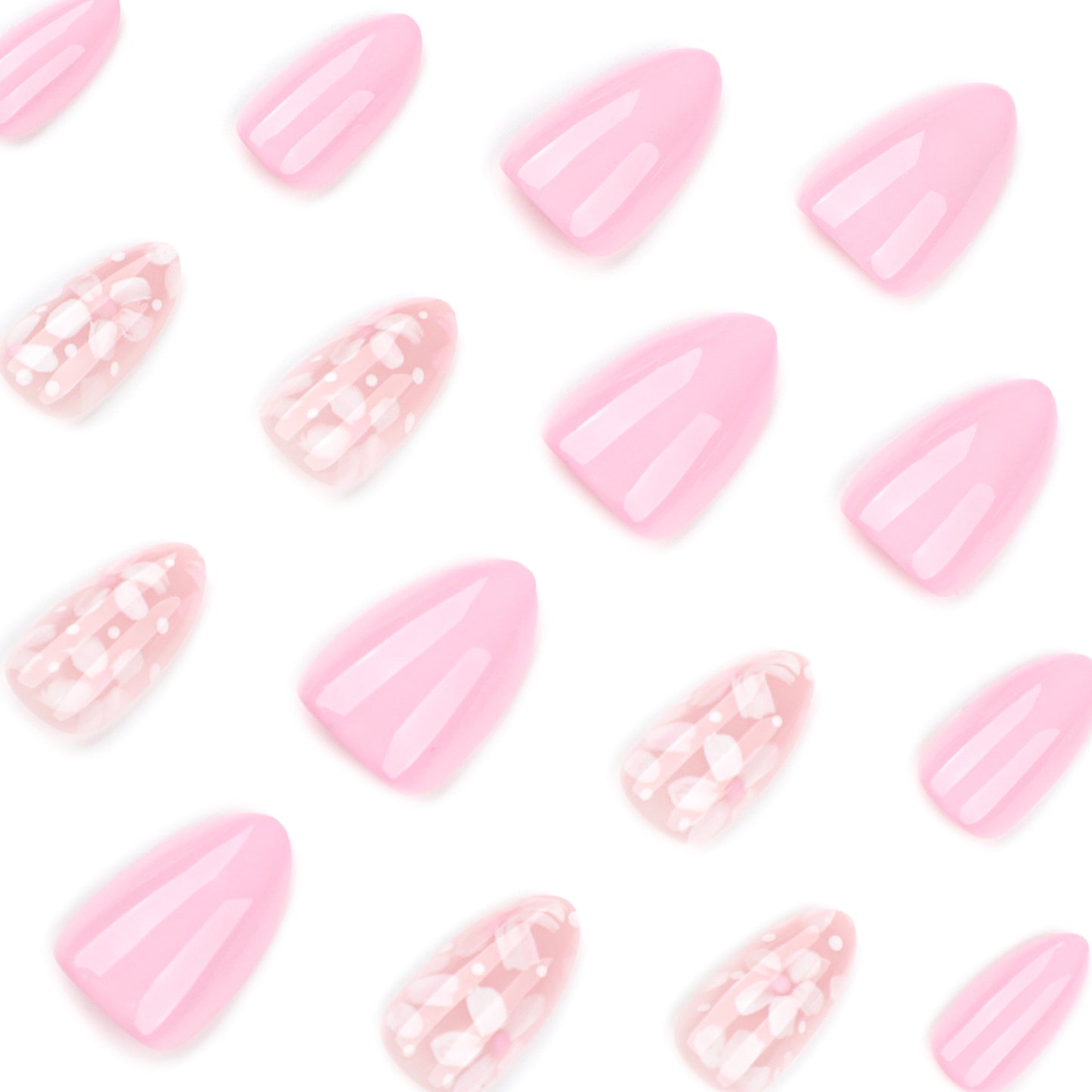 Pink Fresh Flowers Almond 24PCS Free Size Press on Nails JP3913