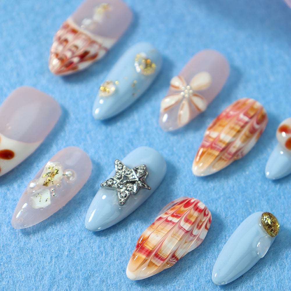 Autumn Beach  French Tip Handmade Almond  Nails A916