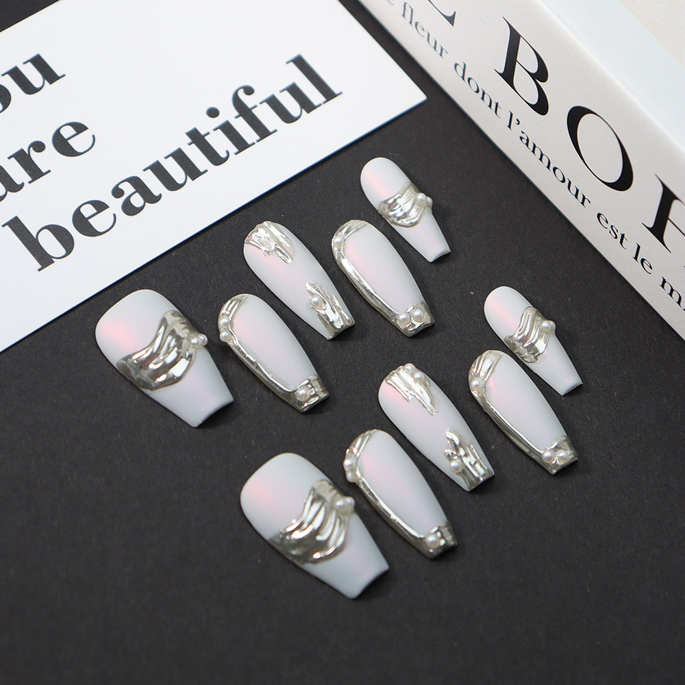 White pearl oyster Handmade Coffin Press on Nails 111