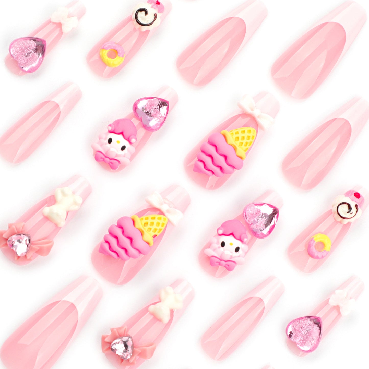 3D Ice Cream Cone Coffin 24PCS Free Size Press on Nails JP2800