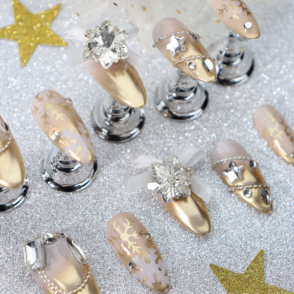 Champagne Gradient Christmas Rhinestones Handmade Almond Press On Nails  A1210
