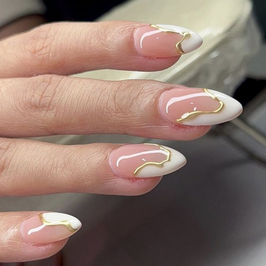 White French Tip Marble Almond 24PCS Free Size Press on Nails JP3729
