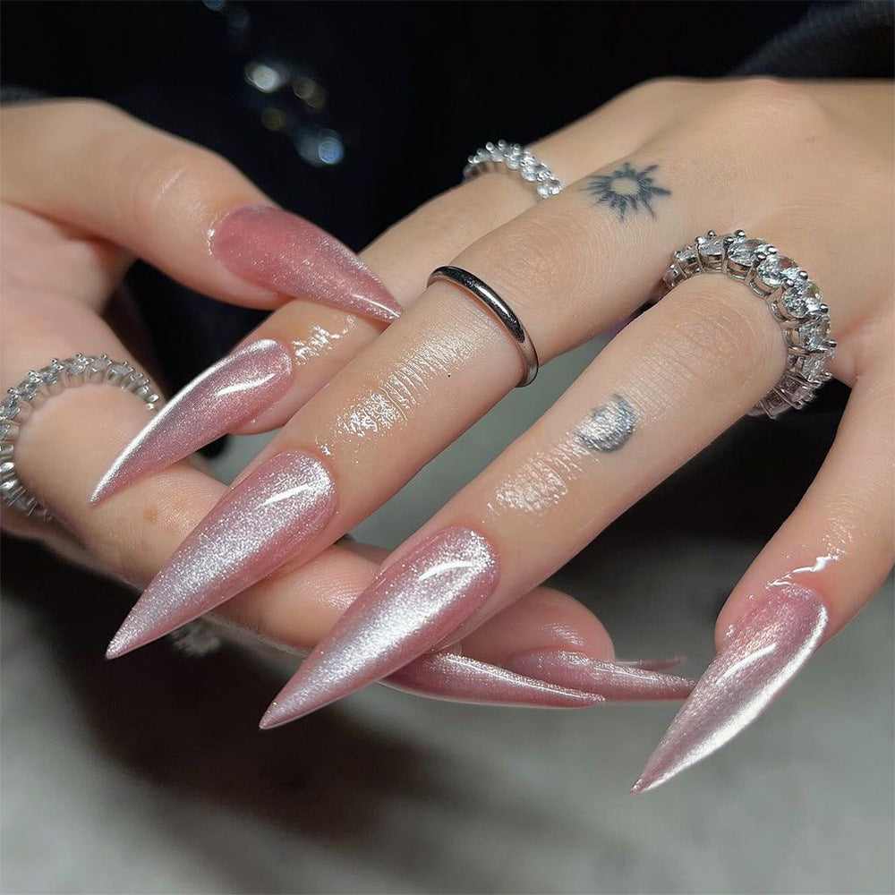 Pink Cat Eyes Gel Nail Handmade Stiletto Press-ons Nail JP3588