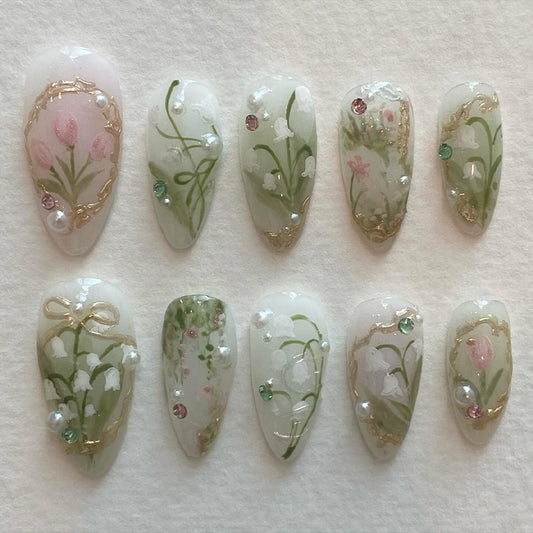 Lily of the Valley Almond 24PCS Free Size Press on Nails Z961