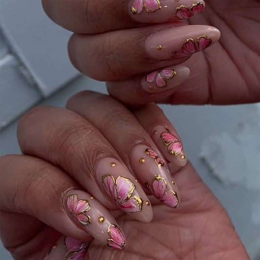 Gilded Pink Flowers Almond 24PCS Free Size Press on Nails JP3734