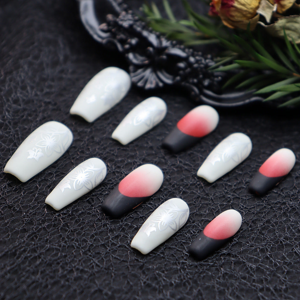 Crimson Anemone French Tip Handmade Coffin Press On Nails A630