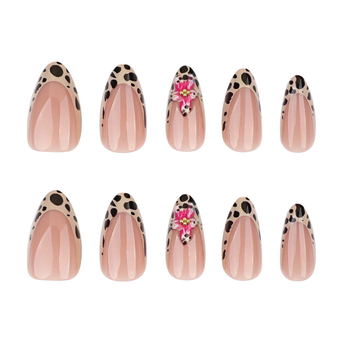 Leopard Flower French Tip Almond 24PCS Free Size Press on Nails JP3567