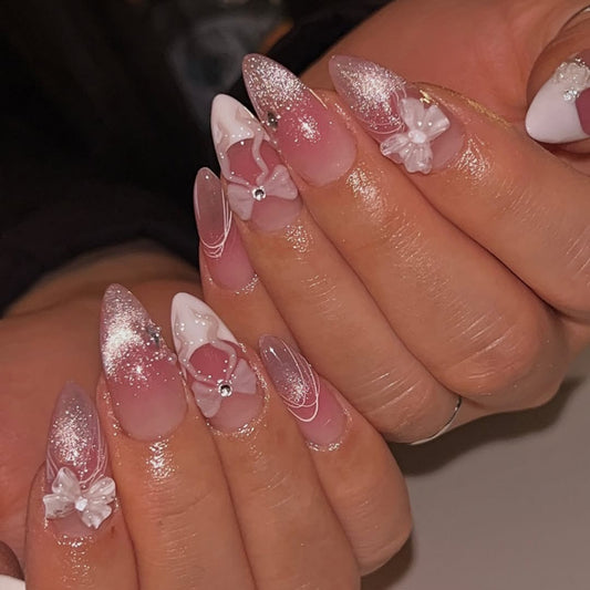 Cat Eye Gradient 3D Bow Almond 24PCS Free Size Press on Nails JP3779