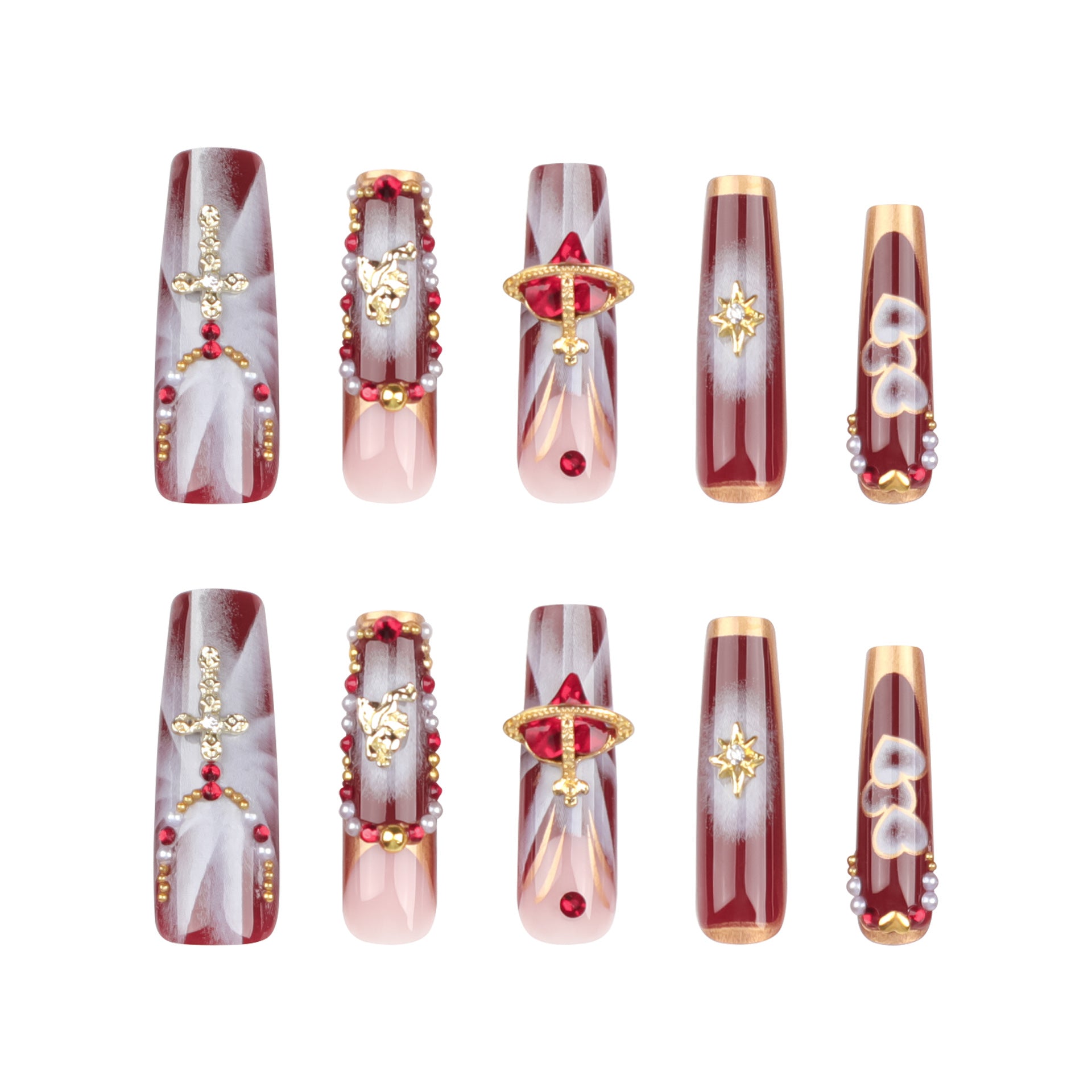 French Red Planet Love Rhinestone Duckbill Press On Nails - NoirNail