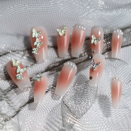 Desert Rose Butterfly rhinestones Handmade Coffin Press On Nails A61