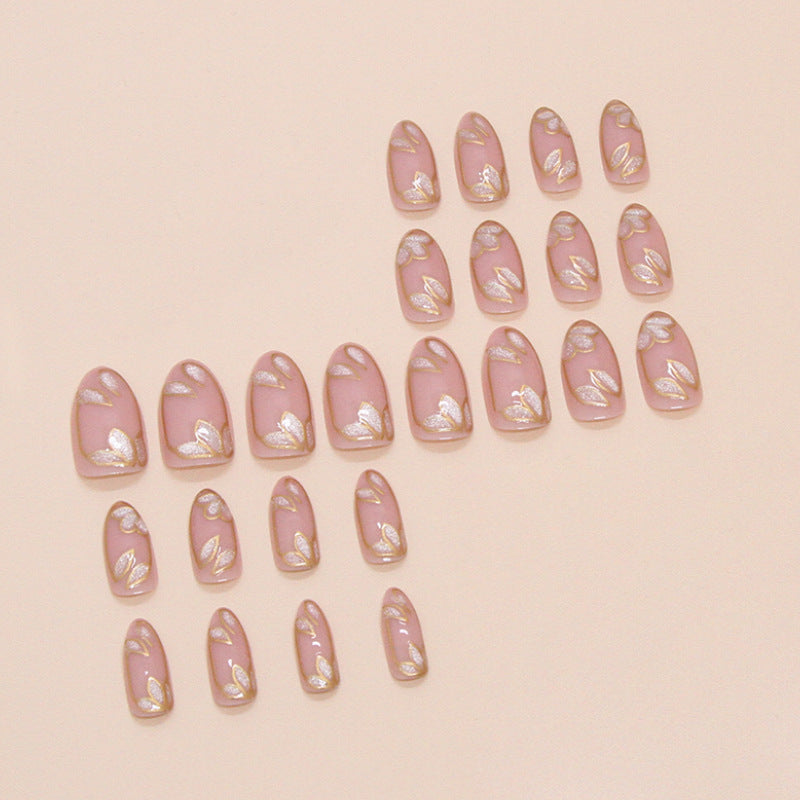 Gold Foil Flowers Rounded 24PCS Free Size Press on Nails W1749