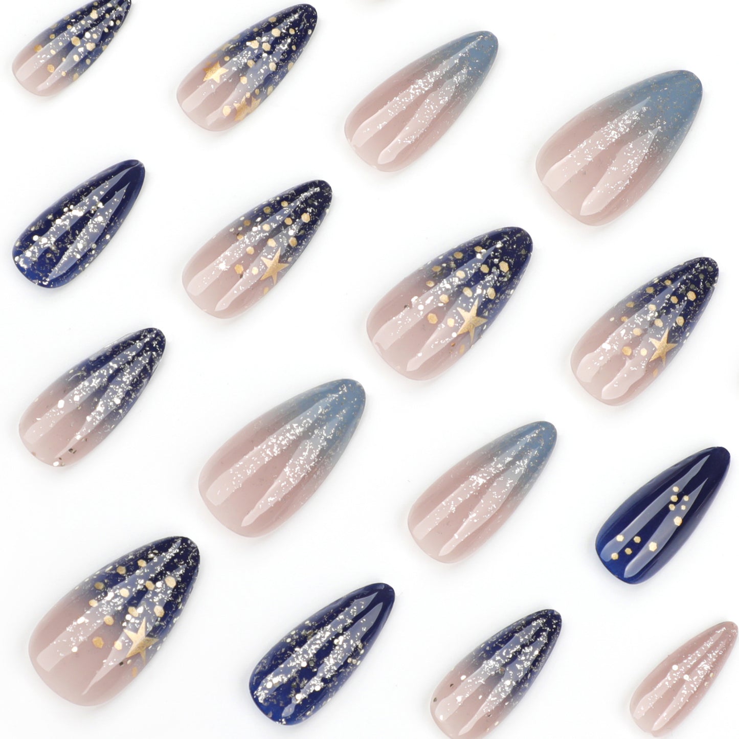 Blue Star French Tip Almond 24PCS Free Size Press on Nails